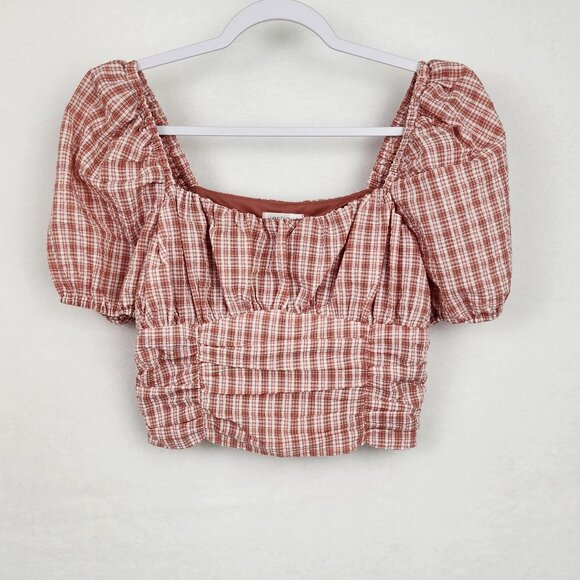 Vestique Pretty in Plaid Cropped Top with Puff Sleeves Size M Rose Pink - Picture 2 of 7